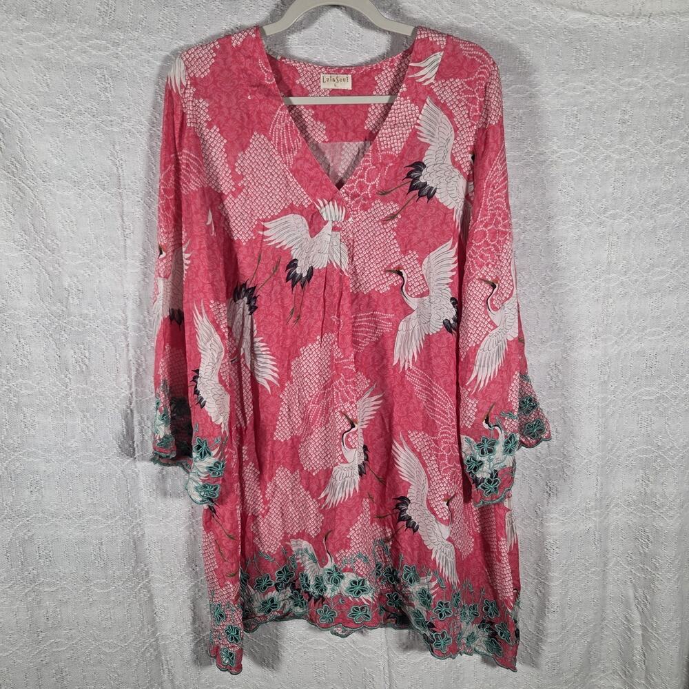 Lula Soul Tunic Dress Large Pink Crane Print Boho Embroidered Sleeve Cover Up
